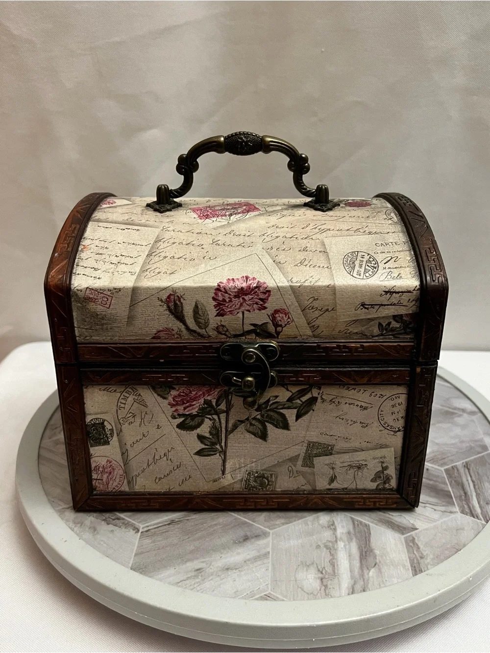 Vintage Style Wooden Floral Postcard Treasure Chest Storage Jewelry Box